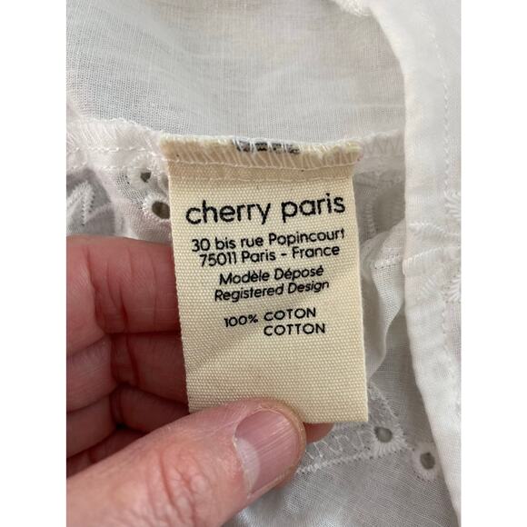 Cherry Paris Women's Size M White Floral Eyelet Ruffle Neck Cotton Blouse - Picture 6 of 8